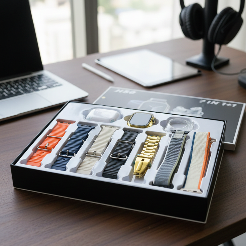 H50 Smart Watch 7‑In‑1 Set | Golden Design | With AirPods & Accessories