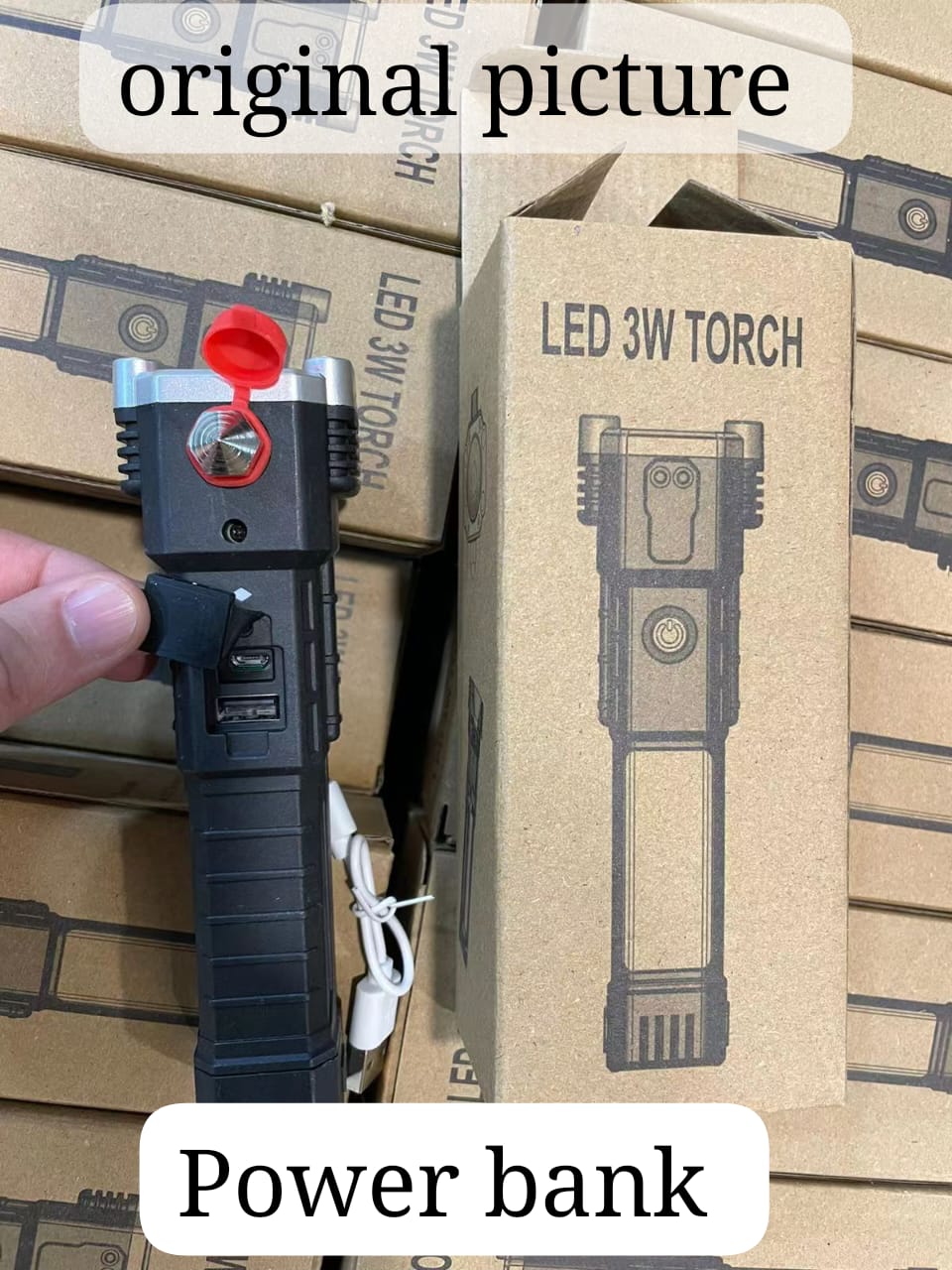 High-Power Led Torch Light Rechargeable Flashlight And Multifunctional Tactical Hammer & Power Bank To Charge The Phone With Box (Random Color)