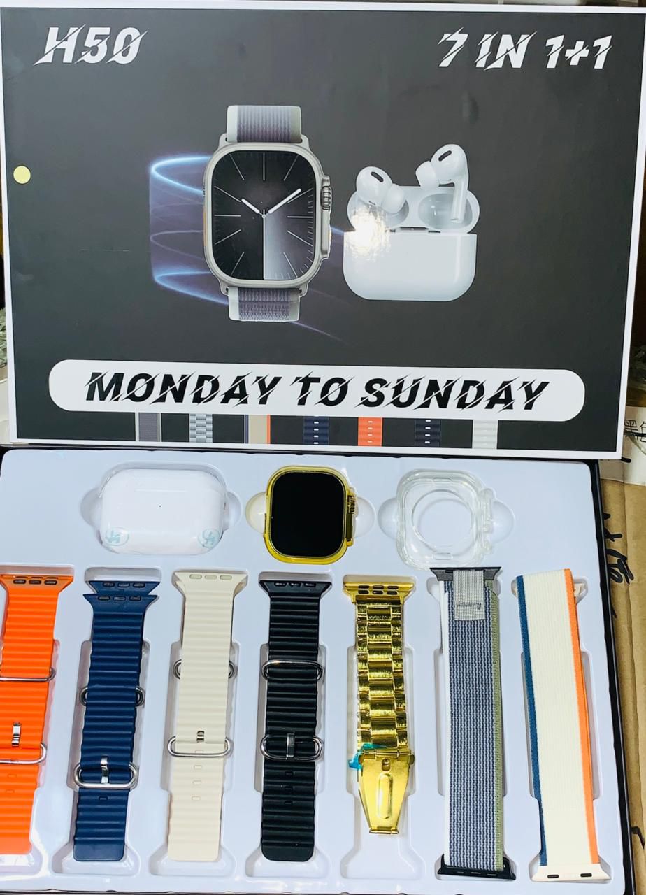 H50 Smart Watch 7‑In‑1 Set | Golden Design | With AirPods & Accessories